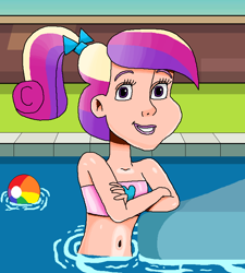 Size: 714x794 | Tagged: safe, artist:ocean lover, princess cadance, human, g4, bandeau, bare midriff, belly, belly button, bikini, bikini top, bow, brick wall, clothes, crossed arms, cute, cutedance, female, floaty, gradient hair, grass, hair bow, happy, heart, human coloration, humanized, lips, looking at you, midriff, ms paint, multicolored hair, outdoors, pink bikini, ponytail, pool toy, pose, pretty, princess of love, purple eyes, sky, smiling, smiling at you, solo, spring break, summer, swimming, swimming pool, swimsuit, teen princess cadance, teenager, wall, water, young, young cadance, younger