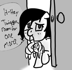 Size: 599x583 | Tagged: safe, artist:zan logemlor, oc, oc:filly anon, earth pony, pony, dialogue, door, earth pony oc, female, filly, foal, grayscale, implied twilight sparkle, monochrome, mouth hold, plushie, solo, speech bubble, talking