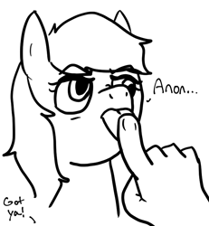 Size: 700x758 | Tagged: safe, artist:zan logemlor, derpy hooves, oc, oc:anon, human, pegasus, pony, g4, bust, dialogue, female, grayscale, hand, mare, monochrome, simple background, talking, tongue out, white background