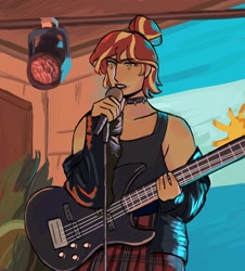 Size: 1849x2048 | Tagged: safe, artist:cardigansandcats, artist:suntwiilight, sunset shimmer, human, equestria girls, g4, bass guitar, clothes, female, jacket, leather, leather jacket, musical instrument, solo, tank top