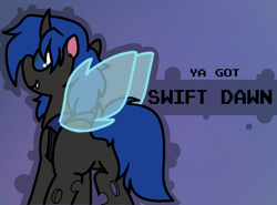 Size: 800x592 | Tagged: safe, artist:soupafterdark, oc, oc only, oc:swift dawn, changeling, banned from equestria daily, blue background, blue changeling, changeling oc, commission, fangs, gradient background, horn, looking at you, looking over shoulder, rear view, smiling, solo, splash art, style emulation, text, wings, ya got