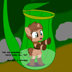 Size: 4000x4000 | Tagged: safe, artist:peternators, oc, oc only, oc:heroic armour, pony, unicorn, g4, armor, bipedal, boots, colt, foal, leather, leather armor, male, monologue, pitcher plant, plant, plant vore, shoes, talking, text