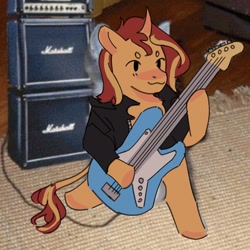 Size: 2048x2048 | Tagged: safe, artist:cardigansandcats, sunset shimmer, pony, unicorn, equestria girls, g4, amplifier, cute, guitar, high res, leonine tail, musical instrument, photo, smiling, solo, tail