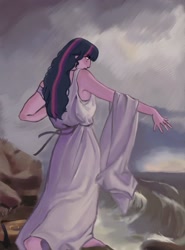 Size: 1512x2048 | Tagged: safe, artist:cardigansandcats, twilight sparkle, human, equestria girls, g4, barefoot, clothes, feet, fine art parody, painting, side view, solo, standing, the death of sappho
