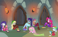 Size: 10000x6312 | Tagged: safe, artist:brightstar40k, applejack, fluttershy, pinkie pie, rainbow dash, rarity, sci-twi, sunset shimmer, twilight sparkle, human, equestria girls, equestria girls specials, g4, my little pony equestria girls: movie magic, bondage, boots, bound and gagged, cloth gag, clothes, dress, gag, high heel boots, humane five, humane seven, humane six, india movie set, long dress, long skirt, over the nose gag, shoes, skirt, tied up