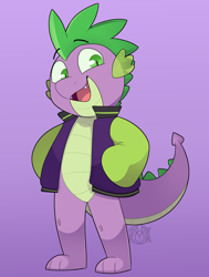 Size: 1180x1561 | Tagged: safe, artist:2k.bugbytes, spike, dragon, g4, clothes, fangs, gradient background, jacket, male, open mouth, open smile, smiling, solo, varsity jacket