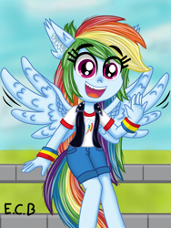 Size: 3000x4000 | Tagged: safe, artist:estrellasombria, rainbow dash, human, equestria girls, g4, female, looking at you, open mouth, open smile, palindrome get, ponied up, smiling, solo, waving, waving at you