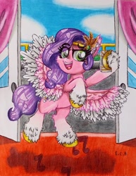 Size: 2526x3272 | Tagged: safe, artist:estellasombria, pipp petals, pegasus, pony, g5, adorapipp, colored wings, crown, cute, eye clipping through hair, eyebrows, eyebrows visible through hair, female, flying, high res, jewelry, looking at you, mare, music notes, open mouth, open smile, phone, regalia, signature, smiling, smiling at you, solo, spread wings, wings