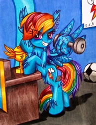 Size: 2111x2739 | Tagged: safe, artist:estrellasombria, rainbow dash, pegasus, pony, g4, exercise, eye clipping through hair, female, football, grin, high res, looking at you, mare, one wing out, smiling, smiling at you, solo, sports, trophy, weight lifting, weights, wing hands, wings