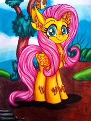 Size: 2066x2741 | Tagged: safe, artist:estrellasombria, fluttershy, pegasus, pony, g4, catchlights, chest fluff, cute, female, folded wings, high res, looking at you, shyabetes, smiling, smiling at you, standing, traditional art, wings