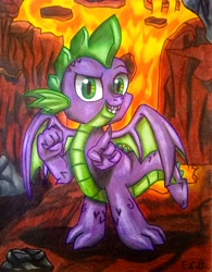 Size: 1976x2530 | Tagged: safe, artist:estrellasombria, spike, dragon, g4, lava, male, solo, winged spike, wings