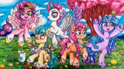 Size: 3707x2057 | Tagged: safe, artist:estrellasombria, hitch trailblazer, izzy moonbow, pipp petals, sunny starscout, zipp storm, bird, earth pony, pegasus, pony, rabbit, unicorn, g5, animal, ball, colored wings, eye clipping through hair, eyebrows, eyebrows visible through hair, female, high res, izzy's tennis ball, male, mane five, mare, multicolored wings, sitting, spread wings, stallion, standing, standing on one leg, tennis ball, tongue out, wings