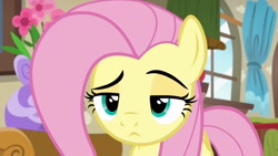 Size: 2560x1440 | Tagged: safe, screencap, fluttershy, pegasus, pony, flutter brutter, g4, curtains, female, fluttershy is not amused, frown, mare, solo, unamused, window