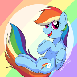 Size: 1000x1000 | Tagged: safe, artist:fruiitypieq, rainbow dash, pegasus, pony, g4, abstract background, catchlights, eyelashes, female, folded wings, long tail, multicolored hair, open mouth, open smile, rainbow hair, smiling, solo, tail, wings