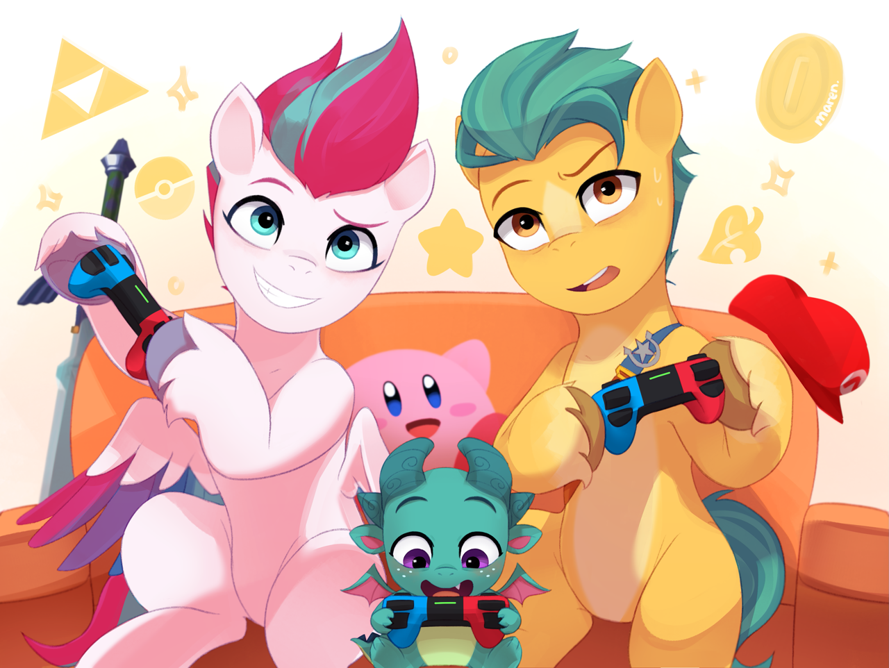 [artist:maren,baby,baby dragon,cap,controller,couch,cute,dragon,earth pony,female,g5,grin,hat,kirby,male,mare,master sword,nintendo,open mouth,pegasus,plushie,pony,safe,shipping,stallion,straight,super mario bros.,sweat,the legend of zelda,triforce,trio,wings,mario's hat,smiling,hoof hold,nintendo switch,hitch trailblazer,zipp storm,hitchzipp,partially open wings,kirby (series),sparky sparkeroni,sparkybetes,gamer zipp,gamer hitch]