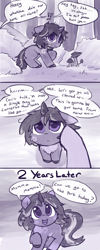 Size: 2000x5000 | Tagged: safe, artist:rivibaes, oc, oc:rivibaes, pony, unicorn, 3 panel comic, adoption, comic, dialogue, duo, female, filly, foal, forest, horn, limited palette, mushroom, offscreen character, scared, solo focus, wholesome