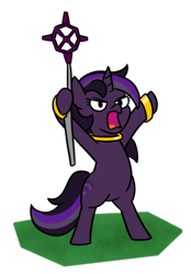 Size: 501x721 | Tagged: safe, artist:jargon scott, oc, oc only, oc:purple haze, pony, unicorn, bipedal, bracelet, horn, jewelry, necklace, open mouth, runescape, simple background, solo, staff, standing on two hooves, transparent background, unicorn oc, yelling