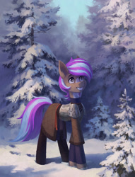 Size: 1500x1959 | Tagged: safe, artist:koviry, oc, oc only, earth pony, pony, clothes, commission, earth pony oc, forest, scenery, smiling, snow, solo, winter