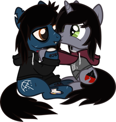 Size: 1199x1255 | Tagged: safe, artist:lightningbolt, derpibooru exclusive, pony, undead, unicorn, zombie, zombie pony, g4, .svg available, bags under eyes, bone, bring me the horizon, cheek kiss, clothes, disguise, disguised siren, duo, duo male, fangs, gay, hoodie, horn, hug, jewelry, kellin quinn, kissing, lidded eyes, lip piercing, long sleeves, male, necklace, oliver sykes, piercing, ponified, scar, shipping, show accurate, simple background, sitting, sleeping with sirens, slit pupils, smiling, smirk, stallion, stitches, svg, tattoo, torn ear, transparent background, vector