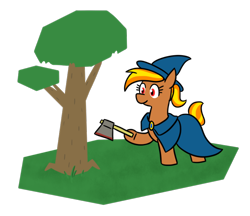 Size: 788x681 | Tagged: safe, artist:jargon scott, oc, oc only, oc:flute salad, earth pony, pony, axe, chopping wood, earth pony oc, eyelashes, hat, hoof hold, ponytail, runescape, simple background, solo, transparent background, tree, weapon, wizard hat, wizard robe