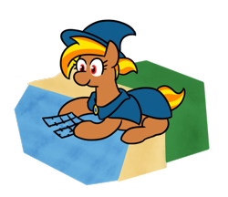 Size: 628x542 | Tagged: safe, artist:jargon scott, oc, oc only, oc:flute salad, earth pony, pony, crouching, earth pony oc, fishing, hat, hoof hold, net, ponytail, runescape, shore, simple background, solo, transparent background, water, wizard hat, wizard robe