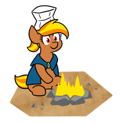 Size: 614x616 | Tagged: safe, artist:jargon scott, oc, oc only, oc:flute salad, earth pony, pony, campfire, chef's hat, cooking, dirt, earth pony oc, fire, hat, ponytail, rock, runescape, simple background, sitting, solo, transparent background, wizard robe