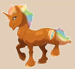 Size: 2277x2073 | Tagged: safe, artist:sandieflower, oc, oc only, oc:lucky shot, pony, unicorn, beard, brown background, facial hair, high res, male, multicolored hair, nudity, offspring, parent:donut joe, parent:rainbow dash, parents:donutdash, rainbow hair, sheath, simple background, stallion