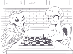 Size: 1754x1305 | Tagged: safe, artist:nauyaco, oc, bird, owl, pony, unicorn, chess, chessboard, female, mare, monochrome