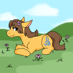 Size: 500x500 | Tagged: safe, artist:sinclair2013, caramel, earth pony, pony, g4, eye clipping through hair, flower, flower in hair, lying down, male, prone, solo, stallion