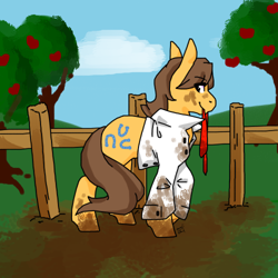 Size: 500x500 | Tagged: safe, artist:sinclair2013, caramel, earth pony, pony, g4, apple, apple tree, clothes, eye clipping through hair, eyebrows, eyebrows visible through hair, fence, male, mouth hold, mud, muddy, necktie, shirt, solo, stallion, tree