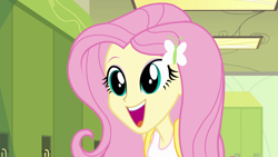 Size: 1920x1080 | Tagged: safe, screencap, fluttershy, human, equestria girls, g4, my little pony equestria girls, 1080p, cute, dilated pupils, happy, open mouth, open smile, reaction image, shyabetes, smiling, solo
