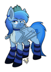 Size: 2057x2921 | Tagged: safe, artist:rokosmith26, oc, oc only, oc:simon pegasus, bat pony, pony, bat eyes, bat pony oc, bat wings, blue, blue coat, blue eyes, blue eyeshadow, blue fur, blue mane, blue socks, border, cheek fluff, chest fluff, claws, clothes, coat markings, collar, colored wings, commission, crown, digital art, ear piercing, earring, eyeshadow, fangs, high res, jewelry, lidded eyes, long tail, makeup, male, markings, piercing, regalia, simple background, smiling, socks, solo, stallion, standing, striped mane, striped socks, striped tail, tail, transparent background, two toned wings, watermark, wing claws, wings