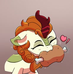 Size: 1632x1660 | Tagged: safe, artist:pabbley, autumn blaze, kirin, g4, awwtumn blaze, biting, bust, chomp, cute, cute little fangs, eating, exclamation point, eyes closed, fangs, female, floating heart, floppy ears, food, gradient background, heart, meat, nom, omnivore, ponies eating meat, smiling, solo