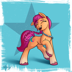 Size: 3000x3000 | Tagged: safe, artist:supermoix, sunny starscout, earth pony, pony, g5, my little pony: a new generation, badge, bag, eyebrows, eyes closed, female, happy, high res, mare, pin, simple background, solo