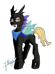 Size: 1080x1440 | Tagged: safe, artist:flower-black, oc, oc only, oc:alejandrogmj, changeling, changeling oc, clothes, commission, fangs, glasses, scarf, simple background, solo, tongue out, transparent background
