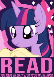 Size: 3874x5534 | Tagged: safe, artist:chingilin, twilight sparkle, g4, book, caption, image macro, pink text, poster, read, solo