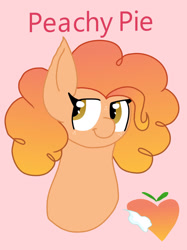 Size: 1280x1707 | Tagged: safe, artist:mlpartmaker300, oc, oc only, oc:peachy pie, earth pony, pony, bust, female, freckles, mare, offspring, parent:cheese sandwich, parent:pinkie pie, parents:cheesepie, pink background, simple background, solo