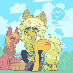 Size: 907x907 | Tagged: safe, artist:cutesykill, applejack, big macintosh, earth pony, pony, g4, apple, apple basket, basket, braid, brother and sister, cloud, dot eyebrows, duo, female, food, freckles, male, mare, missing accessory, siblings, sitting, sky, speech bubble, stallion