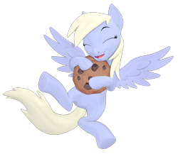 Size: 2420x2100 | Tagged: safe, artist:owlpirate, derpy hooves, pegasus, pony, g4, 3d, cookie, cute, derpabetes, eyes closed, female, food, high res, mare, open mouth, open smile, revamped ponies, simple background, smiling, solo, source filmmaker, spread wings, transparent background, wings