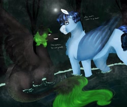 Size: 4000x3365 | Tagged: safe, artist:inisealga, oc, oc only, oc:fae lagoon, oc:soaring spirit, hybrid, kelpie, pegasus, pony, accessory, duo, duo male and female, facial markings, female, folded wings, glasses, hybrid oc, lake, male, mare, moon, night, partially submerged, pegasus oc, spread wings, stallion, standing in water, three toned wings, water, wings