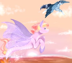 Size: 2980x2604 | Tagged: safe, artist:inisealga, oc, oc only, oc:radiant daylight, oc:soaring spirit, hippogriff, pegasus, pony, seapony (g4), cloud, coat markings, colored wings, duo, duo male and female, female, flying, glasses, high res, hippogriff oc, male, mare, markings, multicolored hair, multicolored mane, multicolored tail, multicolored wings, ocean, pegasus oc, raffle, raffle prize, raffle winner, sky, socks (coat markings), spread wings, stallion, sunset, tail, water, wings