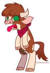 Size: 619x900 | Tagged: safe, artist:jennieoo, arizona (tfh), cow, them's fightin' herds, bipedal, bleh, bleugh, cloven hooves, community related, game accurate, horns, simple background, solo, standing on two hooves, tongue out, transparent background, vector