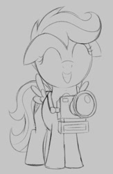 Size: 562x861 | Tagged: safe, artist:dtcx97, scootaloo, pegasus, pony, g4, camera, eyes closed, female, filly, floppy ears, foal, monochrome, solo