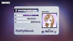 Size: 1920x1080 | Tagged: artist needed, safe, oc, oc only, oc:fluffymarsh, pony, unicorn, bad end, brown mane, card, date, defending, event, female, fight, fortnite, happy, looper, mare, purple eyes, solo, threat