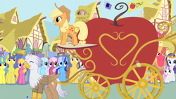 Size: 1280x720 | Tagged: safe, artist:mlp-silver-quill, apple bloom, applejack, big macintosh, bon bon, caramel, cheerilee, cherry berry, comet tail, derpy hooves, lemon hearts, linky, minuette, rarity, scootaloo, shoeshine, sweetie belle, sweetie drops, oc, oc:silver quill, earth pony, hippogriff, pony, after the fact, g4, after the fact:applejack appreciation, applejack's hat, carriage, cowboy hat, cute, hat, jackabetes, male, ocbetes, pennant, ponyville, stallion, ticker tape