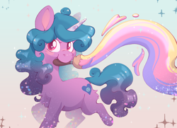 Size: 4252x3071 | Tagged: safe, artist:cutepencilcase, izzy moonbow, pony, unicorn, g5, chest fluff, cute, female, gradient background, high res, izzybetes, looking at you, mare, mouth hold, paint, paintbrush, solo