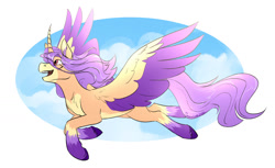 Size: 1500x919 | Tagged: safe, artist:cosmalumi, oc, oc only, oc:tay relic, alicorn, pony, alicorn oc, flying, horn, solo, wings