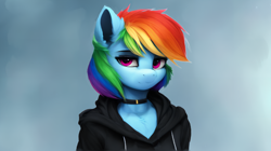 Size: 2576x1440 | Tagged: safe, ai assisted, ai content, prompter:saphkey, rainbow dash, anthro, g4, choker, clothes, female, hoodie, simple background, solo, wallpaper