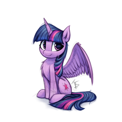 Size: 1200x1200 | Tagged: safe, artist:t15, twilight sparkle, alicorn, pony, g4, chest fluff, colored sketch, cute, fanart, female, looking at you, mare, purple eyes, signature, simple background, sitting, smiling, smiling at you, solo, twiabetes, twilight sparkle (alicorn), white background