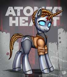 Size: 1588x1810 | Tagged: safe, alternate version, artist:lina, pony, robot, robot pony, unicorn, atomic heart, blue eyes, clothes, costume, female, jacket, mare, ponified, rule 85, smiling, solo